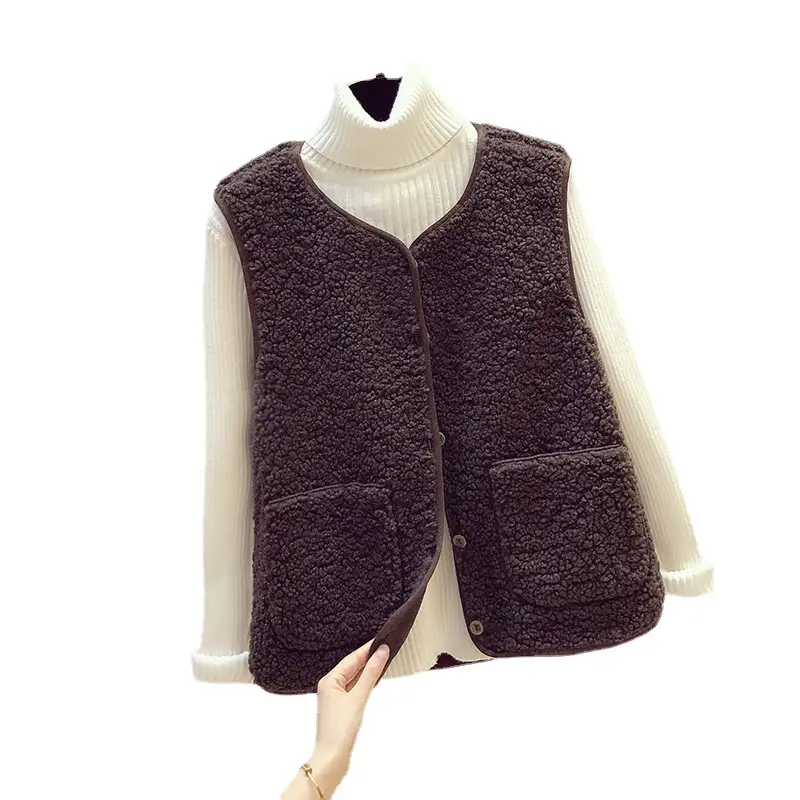 Women's Fur Stuffed Sleeveless Vest Brown Autumn Winter - Image 7