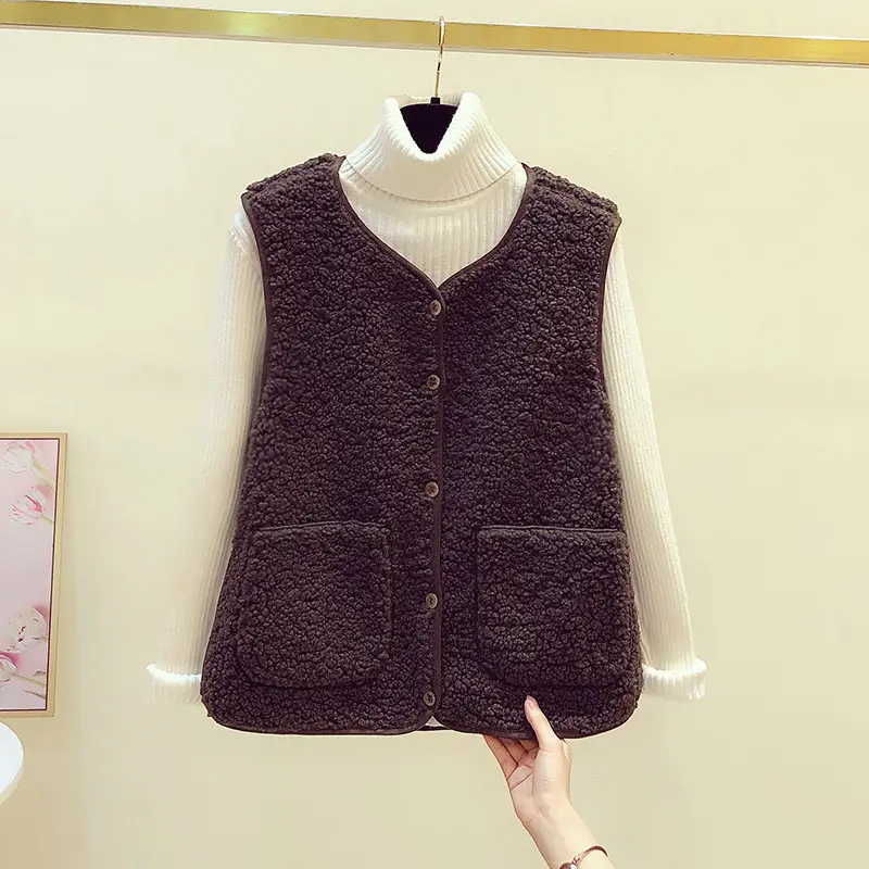 Women's Fur Stuffed Sleeveless Vest Brown Autumn Winter - Image 2