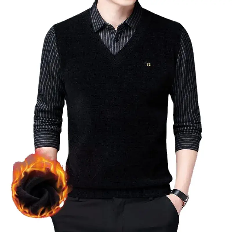 Men's Fleece Lined Sweater Back Green Black - Image 9
