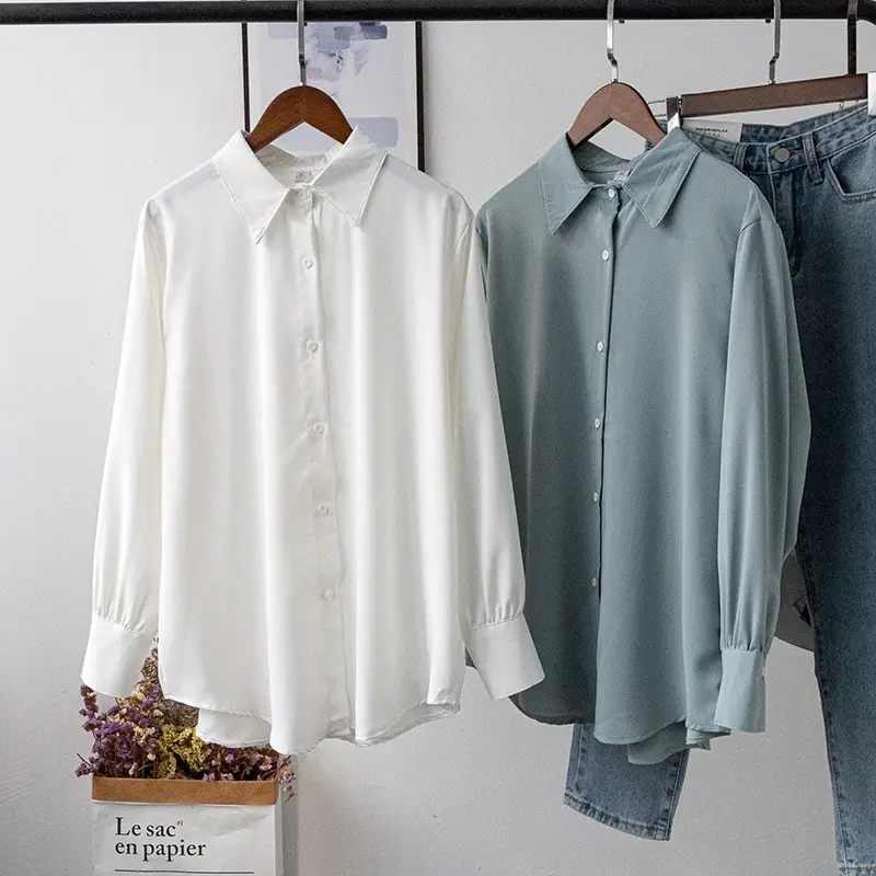 2021 Korean Lapel Chiffon Shirt White Blue Set - Image 3