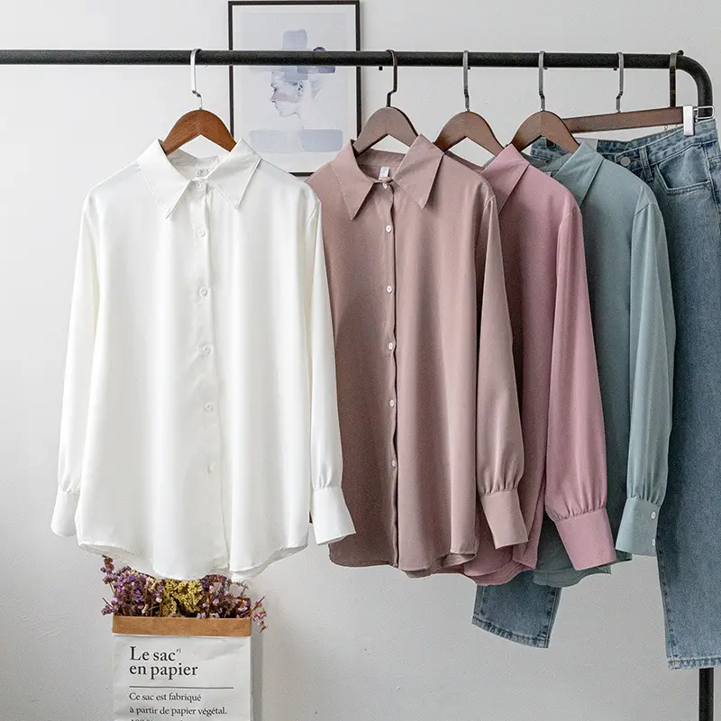 2021 Korean Lapel Chiffon Shirt White Blue Set - Image 4