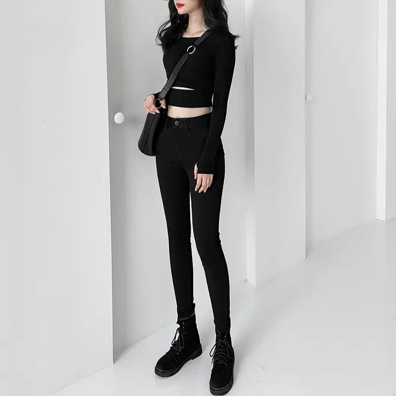 Black High Waist Elastic Slim Jeans 2024 - Image 18