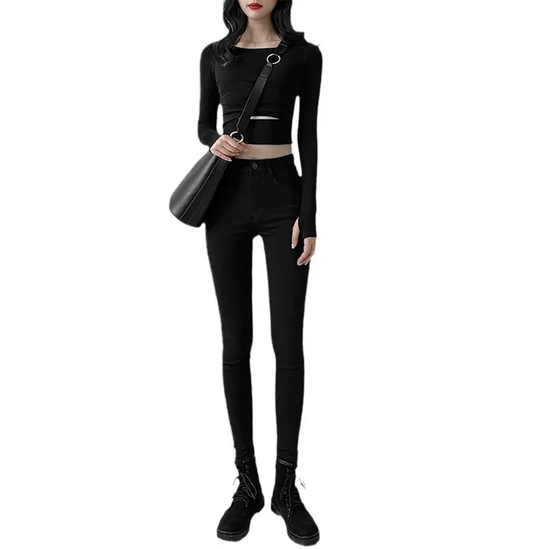 Black High Waist Elastic Slim Jeans 2024 - Image 21