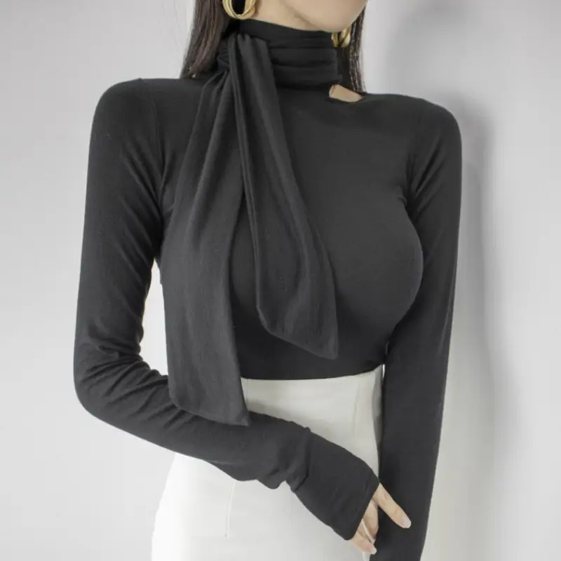 Black Long Sleeve Tie Front Top Shirt - Image 8