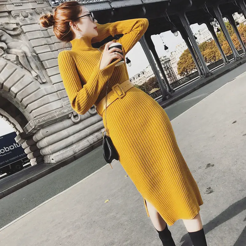 Women's Long Knitted Wool Dress Yellow High Collar Skirt - Image 4