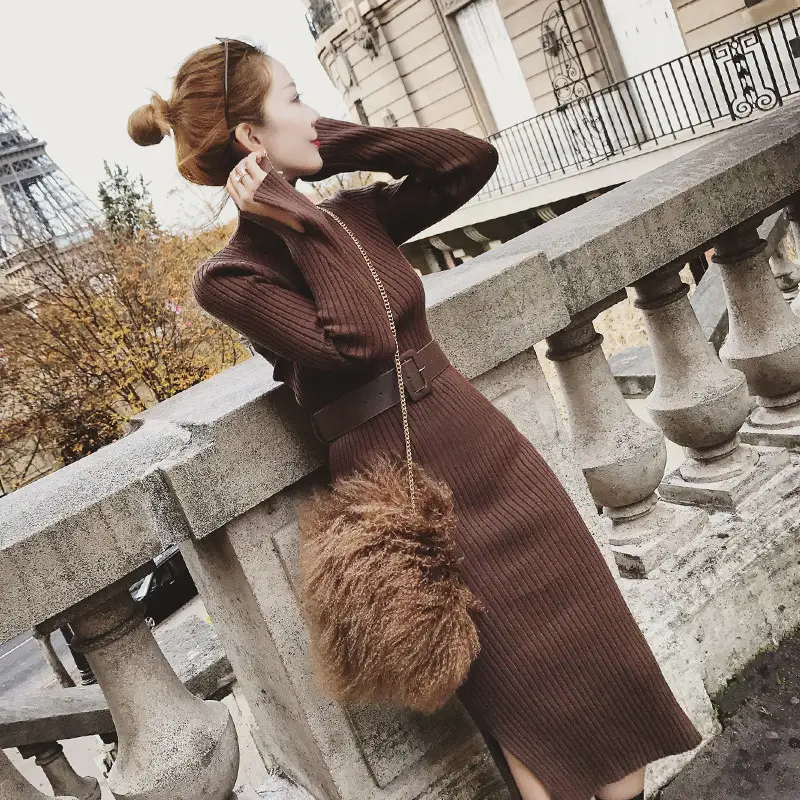 Women's Long Knitted Wool Dress Yellow High Collar Skirt - Image 5