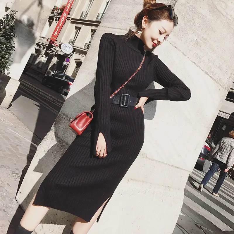 Women's Long Knitted Wool Dress Yellow High Collar Skirt - Image 6