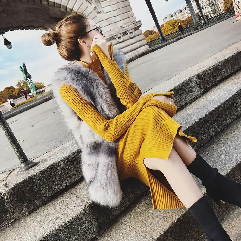 Women's Long Knitted Wool Dress Yellow High Collar Skirt - Image 7