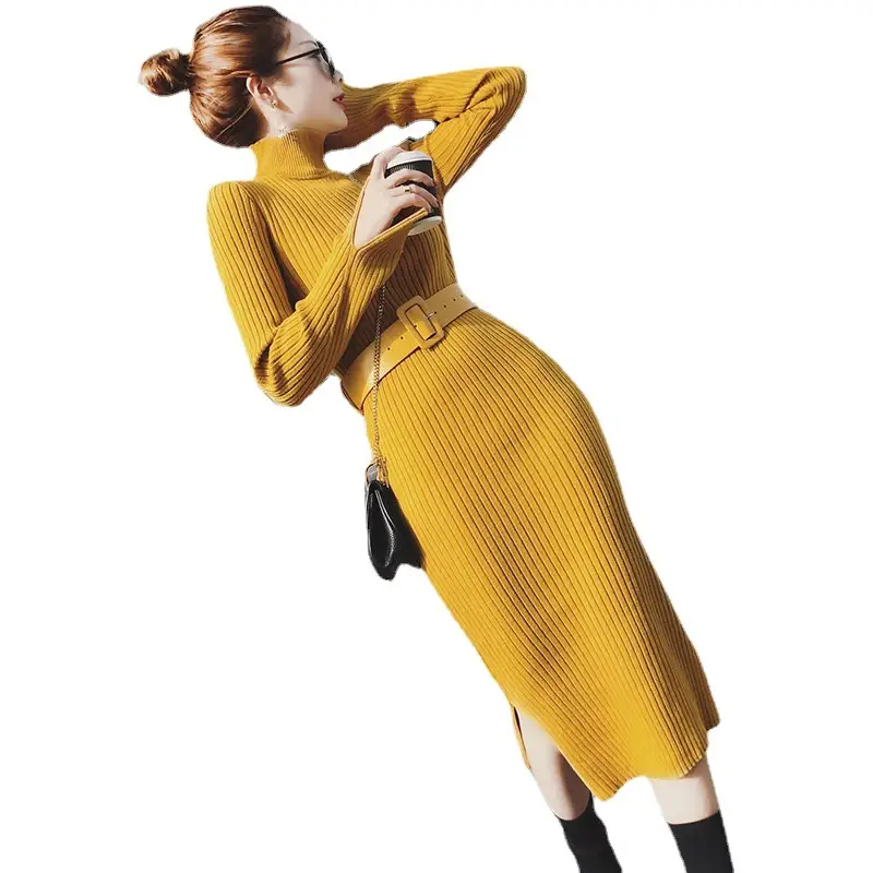 Women's Long Knitted Wool Dress Yellow High Collar Skirt - Image 8