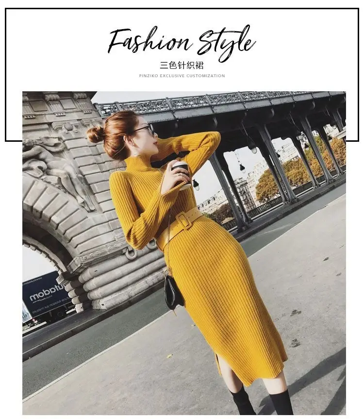 Women's Long Knitted Wool Dress Yellow High Collar Skirt — feature 1