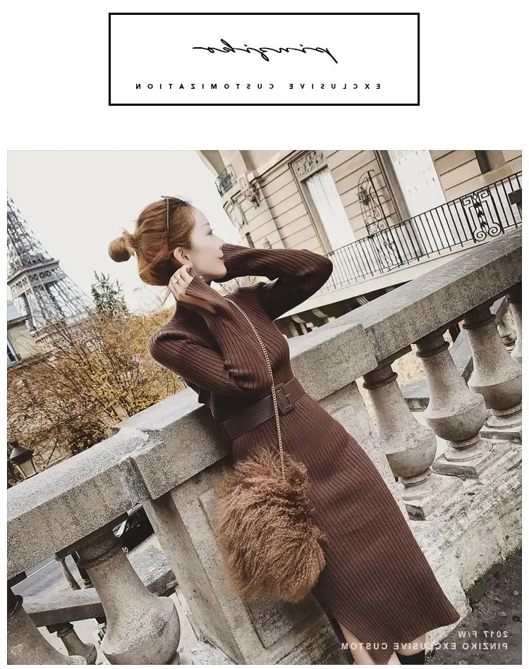 Women's Long Knitted Wool Dress Yellow High Collar Skirt — feature 10