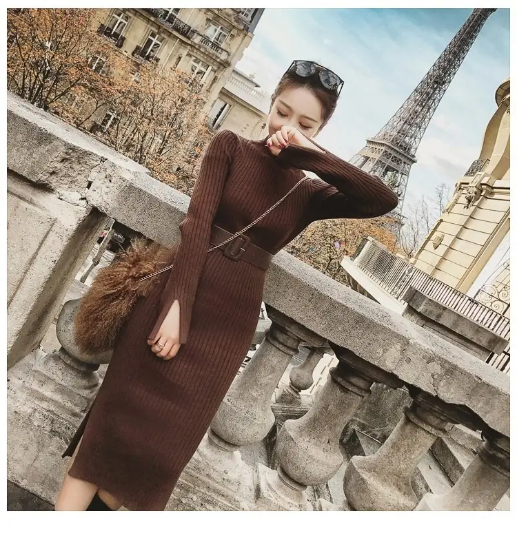 Women's Long Knitted Wool Dress Yellow High Collar Skirt — feature 11