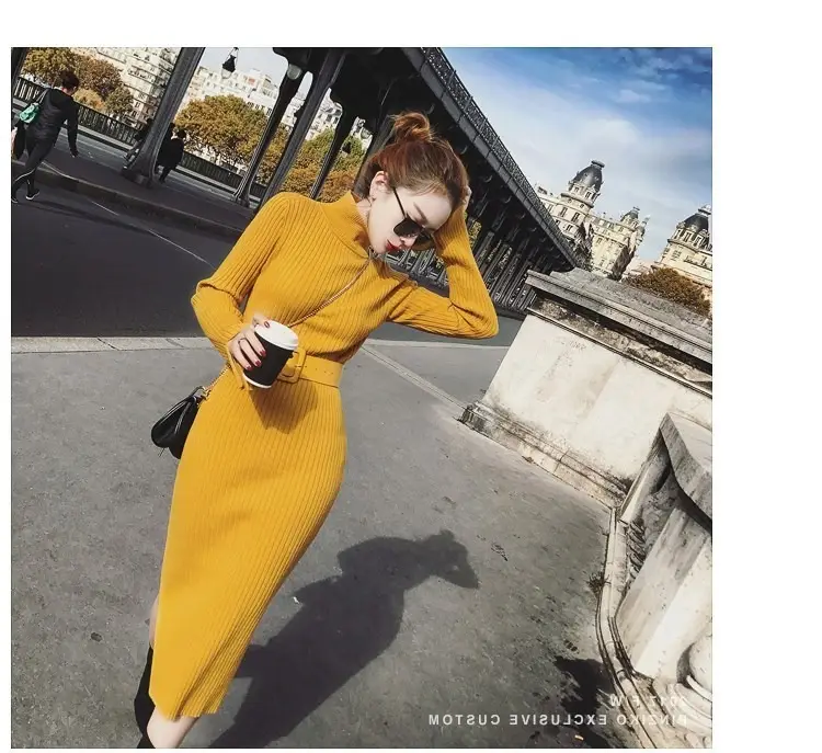 Women's Long Knitted Wool Dress Yellow High Collar Skirt — feature 12