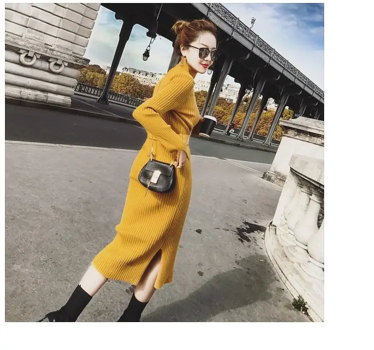 Women's Long Knitted Wool Dress Yellow High Collar Skirt — feature 13