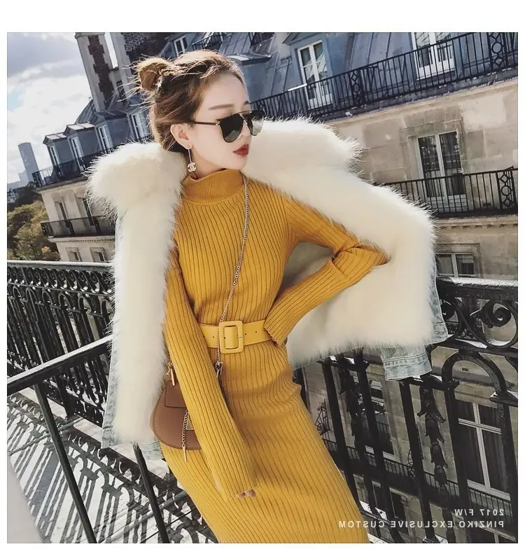Women's Long Knitted Wool Dress Yellow High Collar Skirt — feature 14