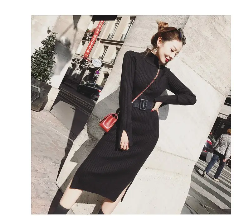 Women's Long Knitted Wool Dress Yellow High Collar Skirt — feature 15