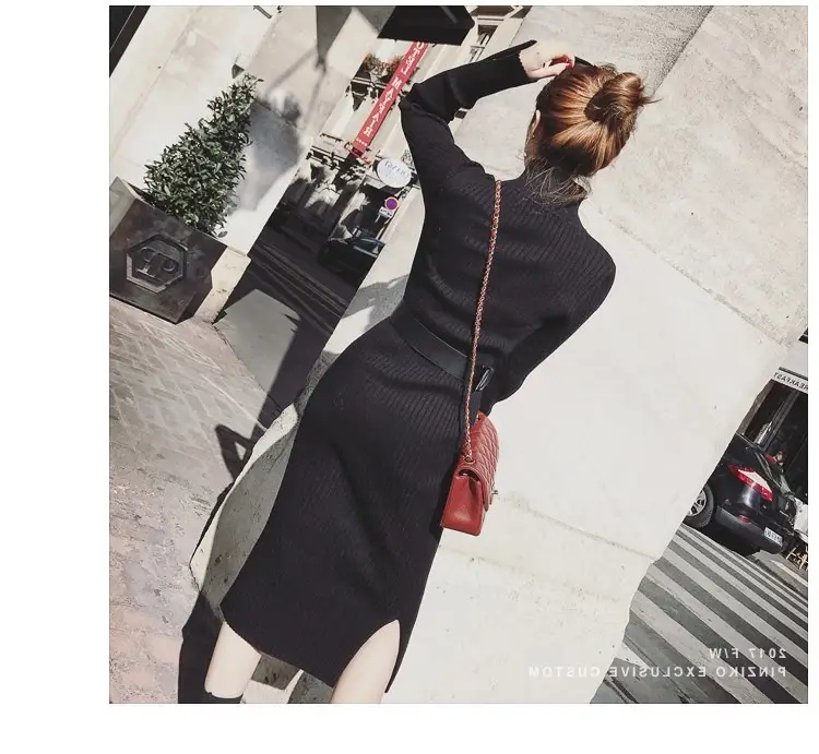 Women's Long Knitted Wool Dress Yellow High Collar Skirt — feature 16