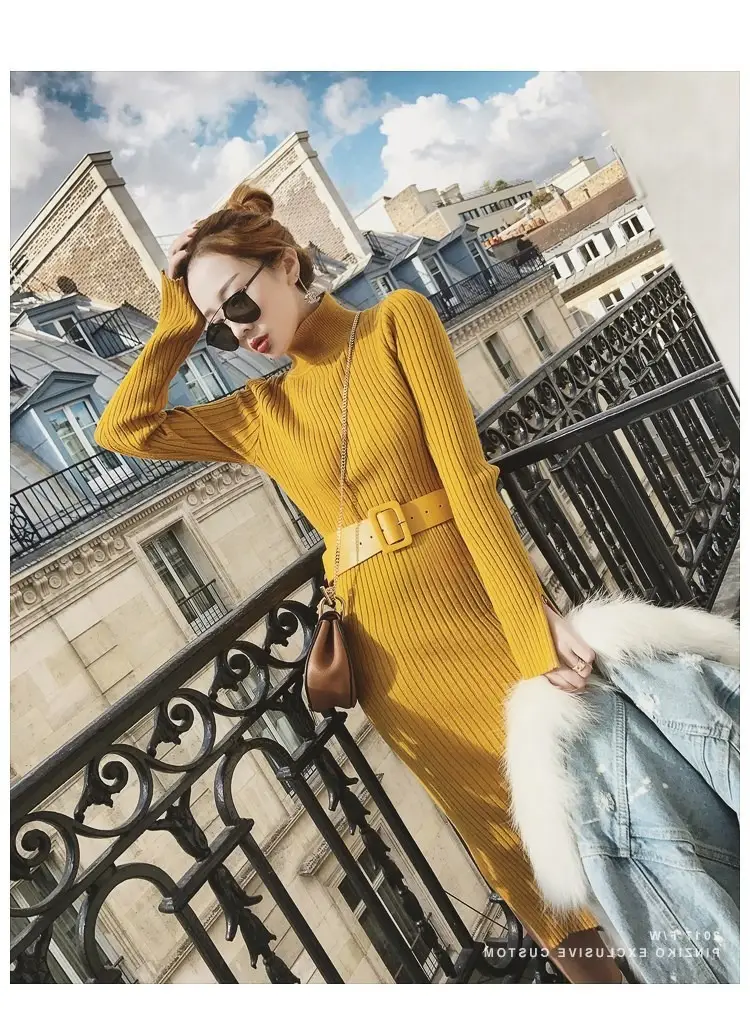 Women's Long Knitted Wool Dress Yellow High Collar Skirt — feature 17