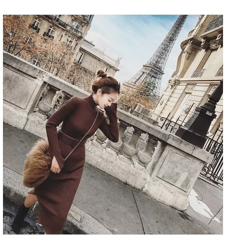 Women's Long Knitted Wool Dress Yellow High Collar Skirt — feature 18