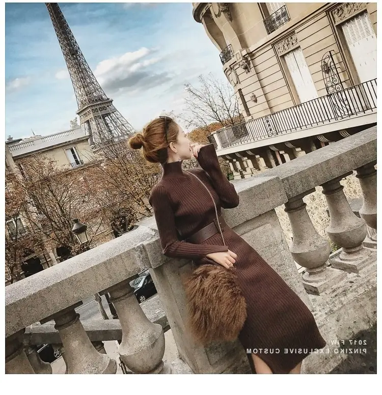 Women's Long Knitted Wool Dress Yellow High Collar Skirt — feature 19