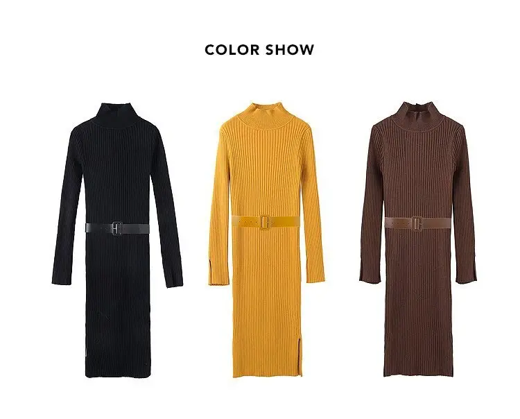 Women's Long Knitted Wool Dress Yellow High Collar Skirt — feature 4