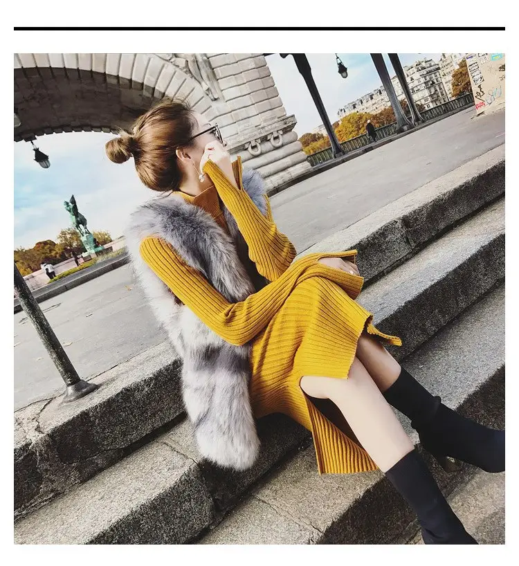Women's Long Knitted Wool Dress Yellow High Collar Skirt — feature 5