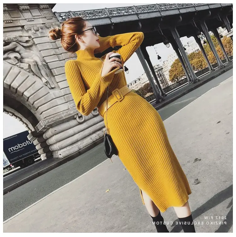 Women's Long Knitted Wool Dress Yellow High Collar Skirt — feature 7