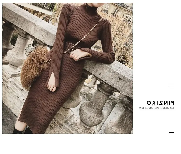 Women's Long Knitted Wool Dress Yellow High Collar Skirt — feature 8