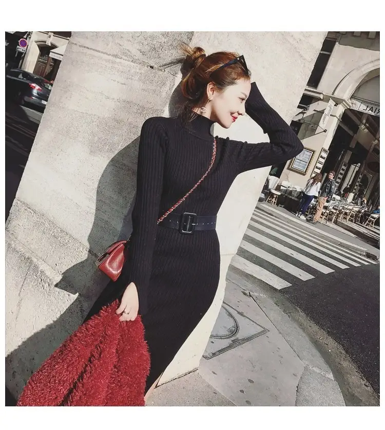 Women's Long Knitted Wool Dress Yellow High Collar Skirt — feature 9
