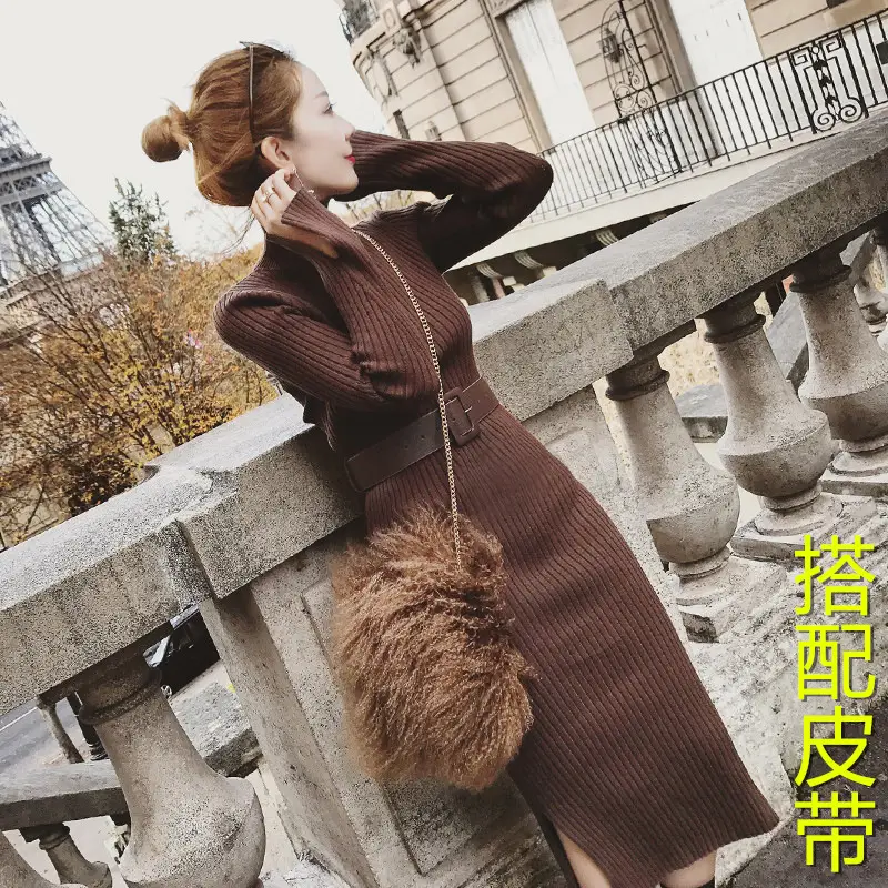 Women's Long Knitted Wool Dress Yellow High Collar Skirt - Image 2