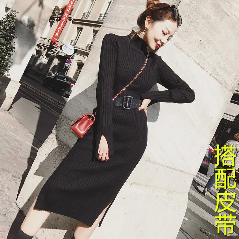 Women's Long Knitted Wool Dress Yellow High Collar Skirt - Image 3