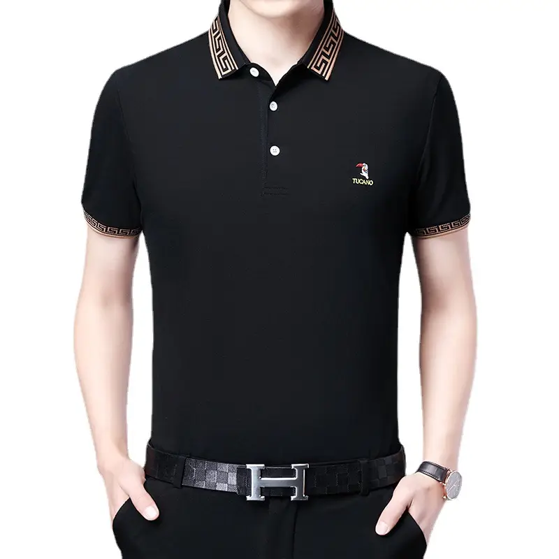 Men Black Cotton Polo Shirt with Embroidered Details