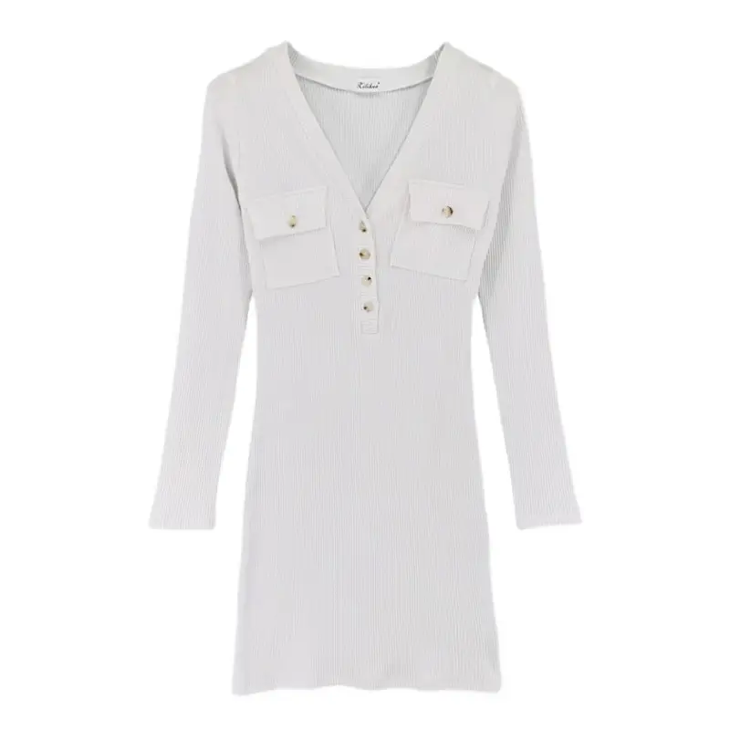 White Slim Fit V-Neck Long Sleeve Dress for Women - Image 9