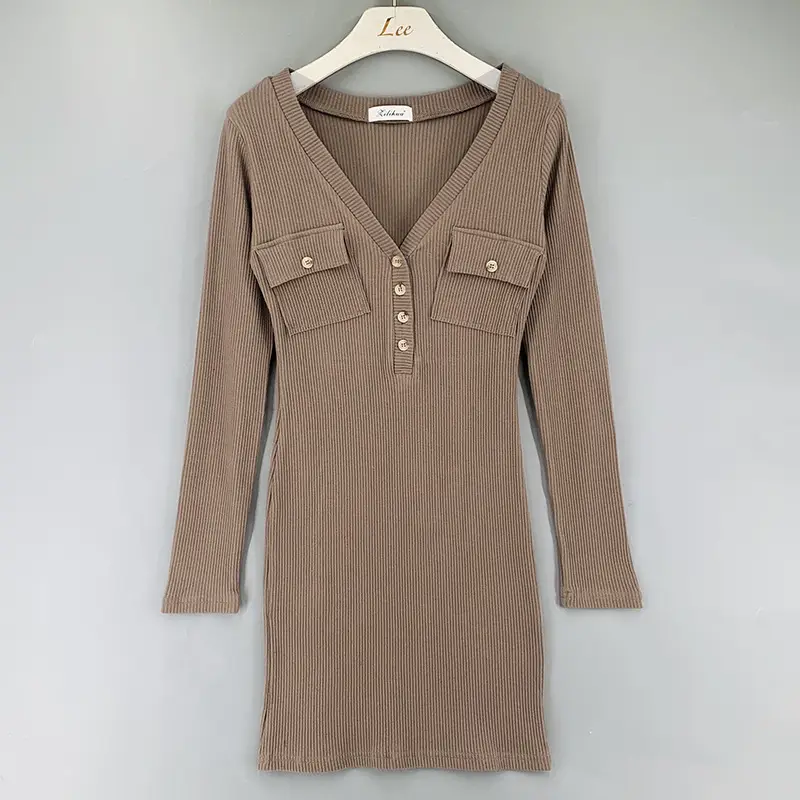 White Slim Fit V-Neck Long Sleeve Dress for Women - Image 2