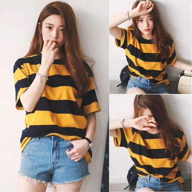 Summer Women Striped T-shirt Yellow Black Short Sleeve - Image 2