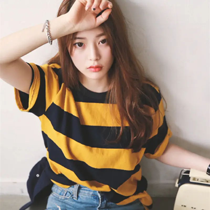 Summer Women Striped T-shirt Yellow Black Short Sleeve - Image 3