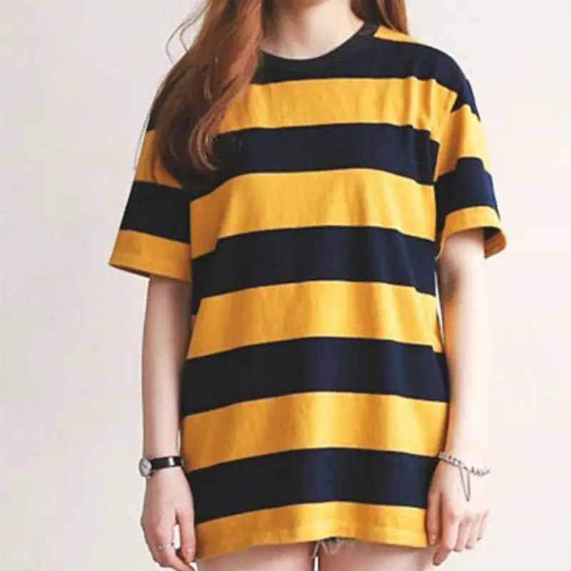 Summer Women Striped T-shirt Yellow Black Short Sleeve - Image 4