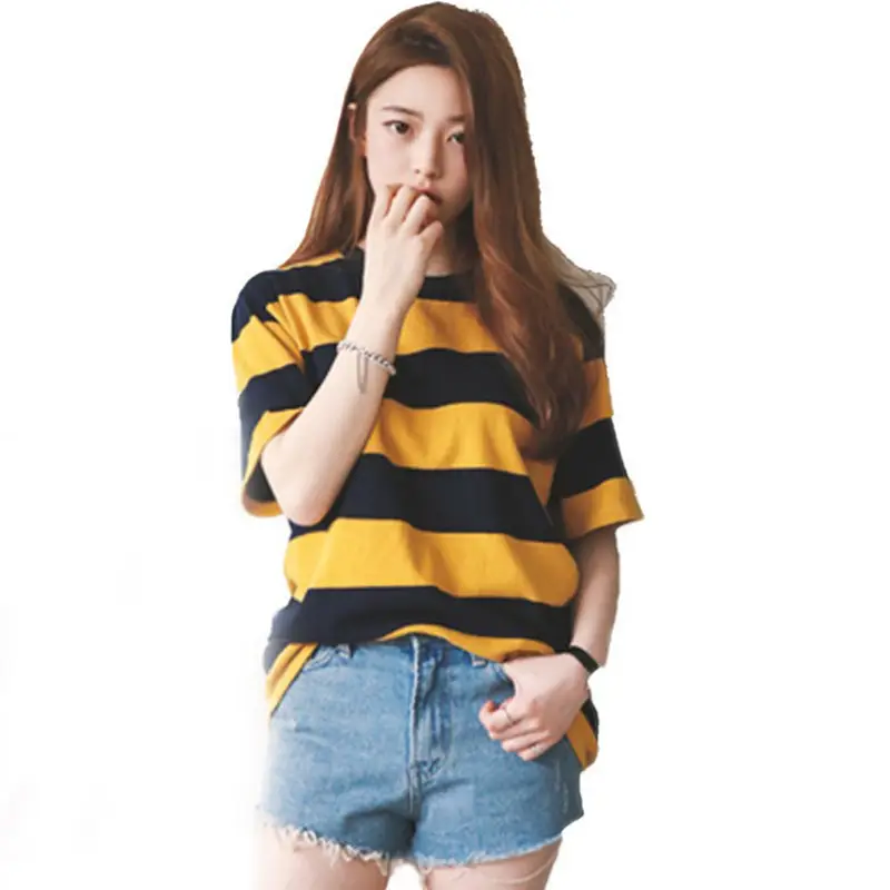 Summer Women Striped T-shirt Yellow Black Short Sleeve - Image 5