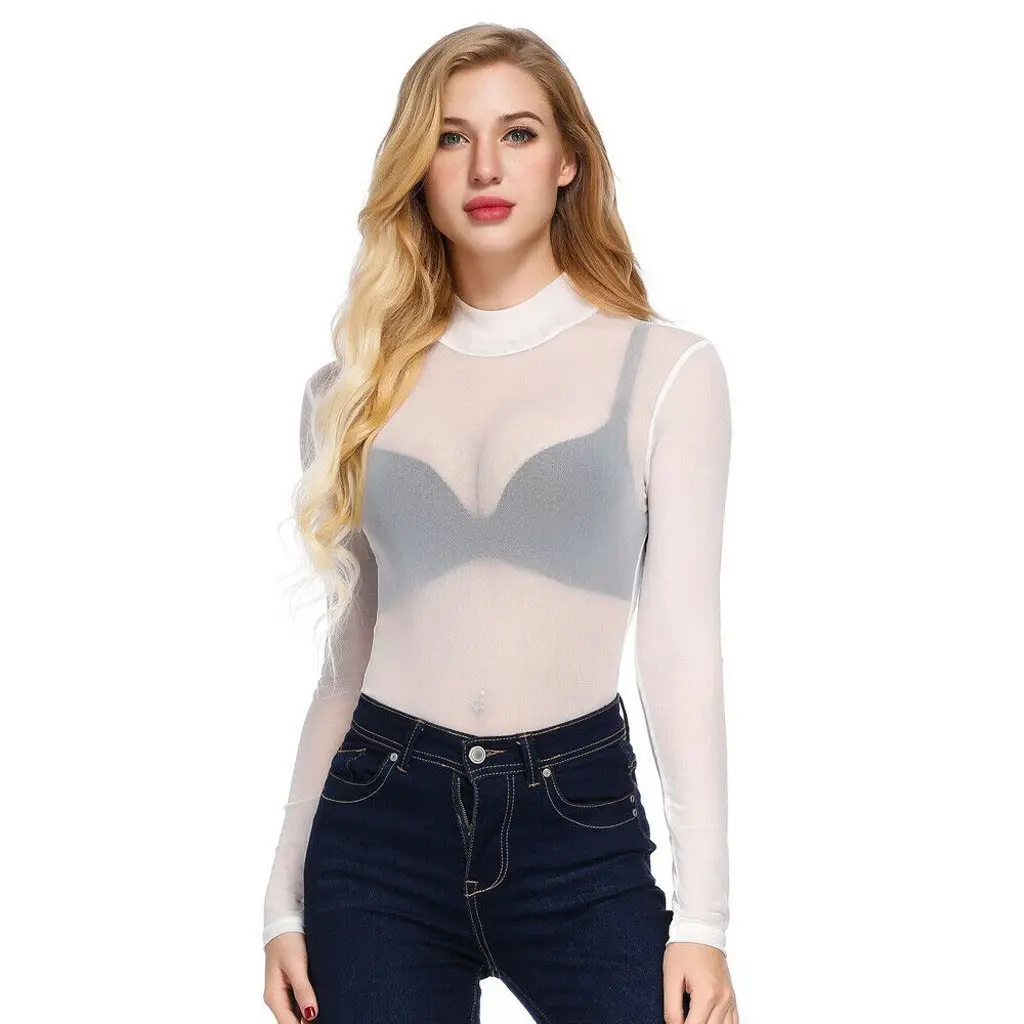 Stretch Tight See Through T-Shirt Women Long Sleeve