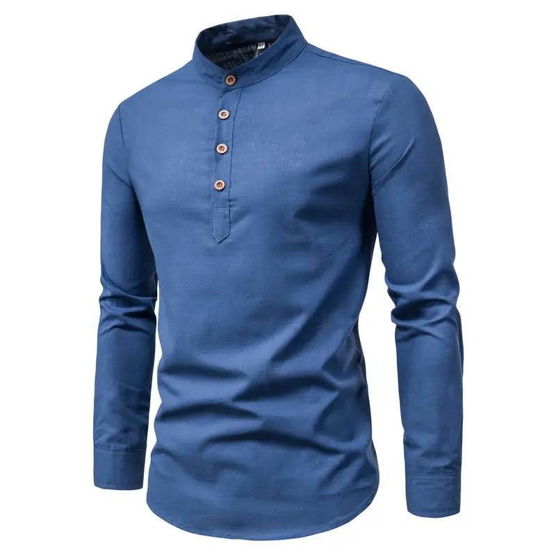 Men Linen Long Sleeve Shirt Blue Stand Collar