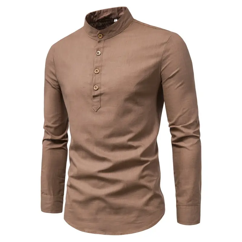 Men Linen Long Sleeve Shirt Blue Stand Collar