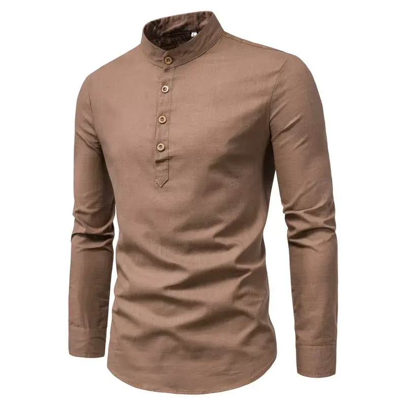 Men Linen Long Sleeve Shirt Blue Stand Collar — feature 10