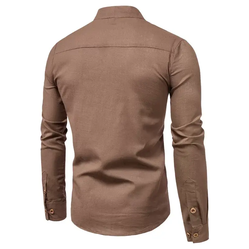 Men Linen Long Sleeve Shirt Blue Stand Collar — feature 11