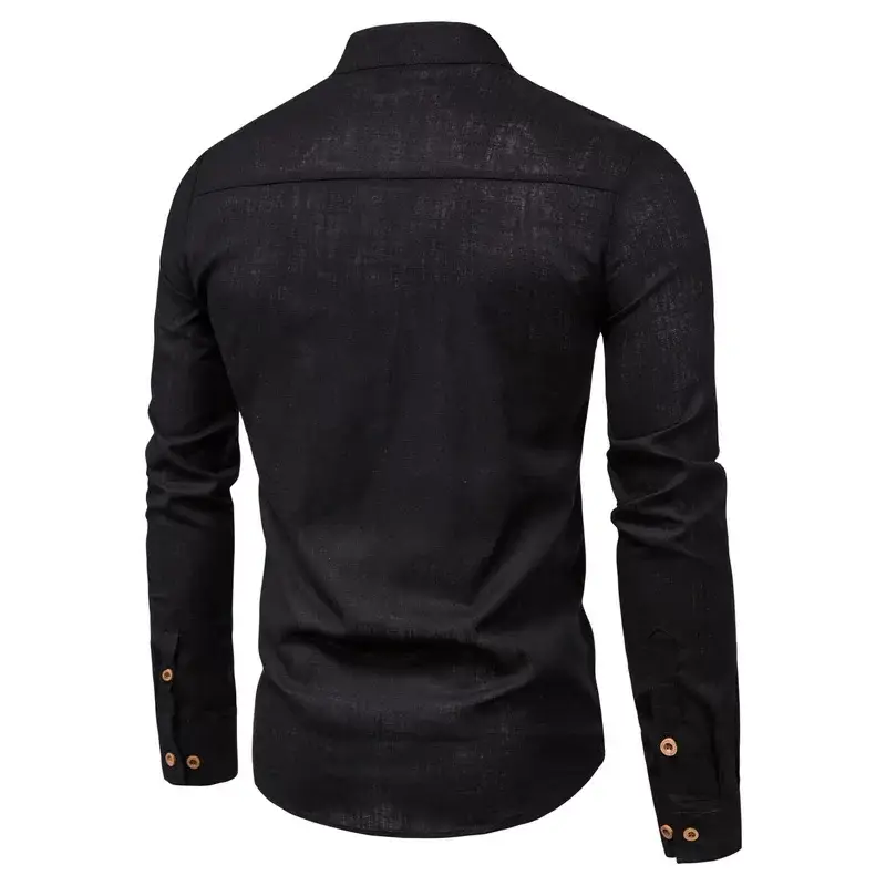 Men Linen Long Sleeve Shirt Blue Stand Collar — feature 7
