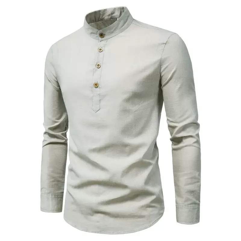 Men Linen Long Sleeve Shirt Blue Stand Collar — feature 8