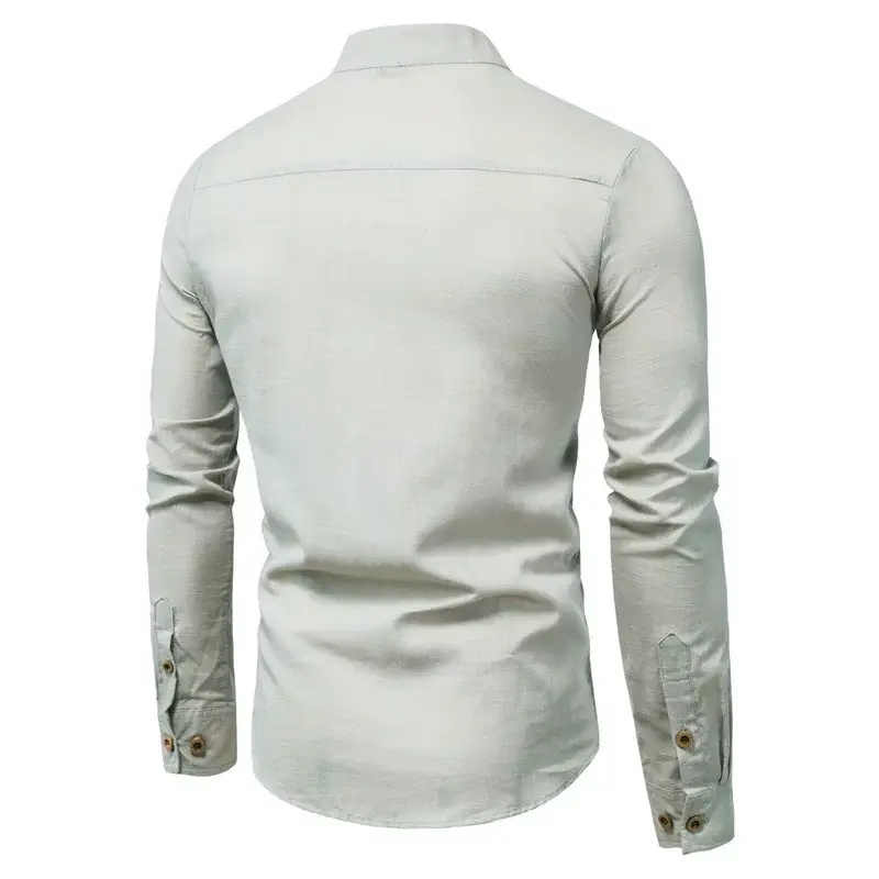 Men Linen Long Sleeve Shirt Blue Stand Collar — feature 9