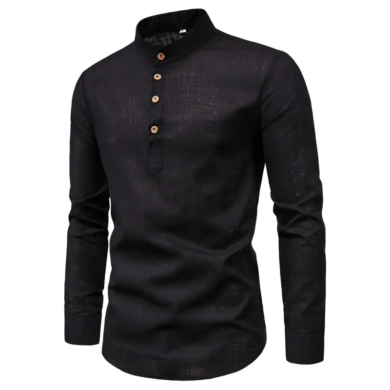 Men Linen Long Sleeve Shirt Blue Stand Collar