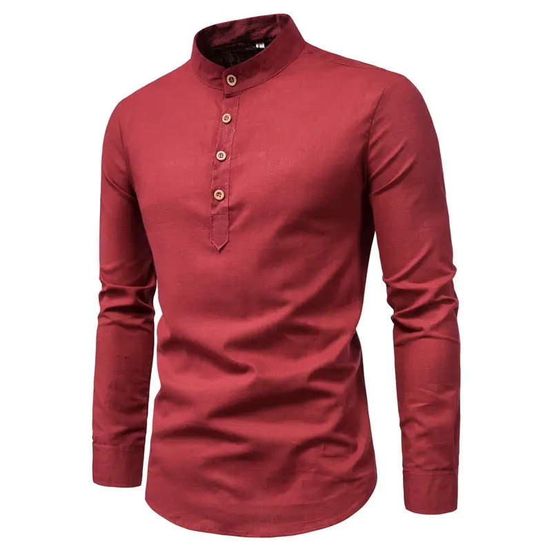 Men Linen Long Sleeve Shirt Blue Stand Collar