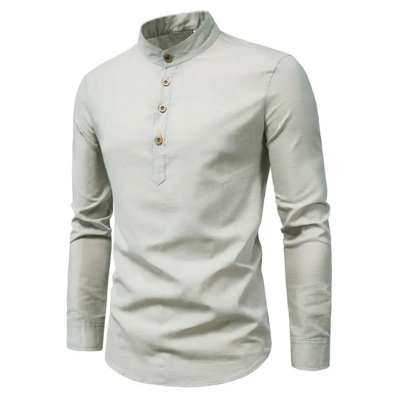 Men Linen Long Sleeve Shirt Blue Stand Collar