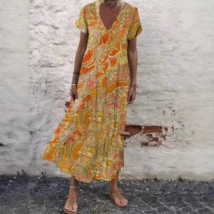 Aliexpress Boho Printed V-Neck Dress Orange Yellow - Image 6